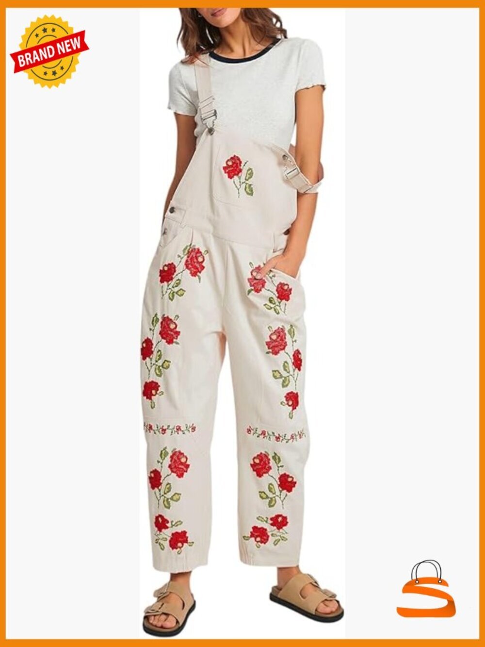 Loose Fit Floral Embroidered Denim Bib Jumpsuit Barrel Pants Overalls with - Picture 1 of 7